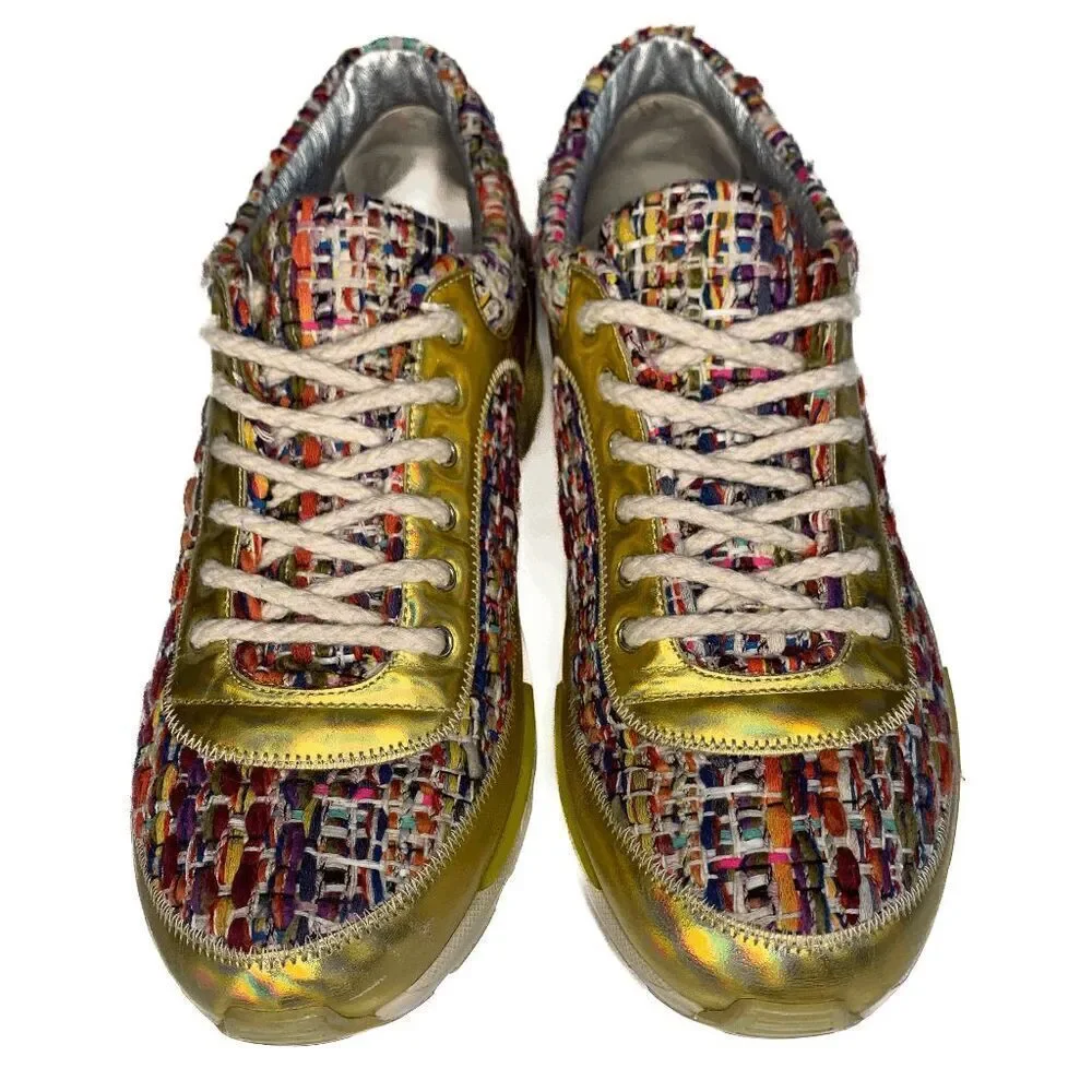 Chanel CC Logo Tweed Rainbow Metallic Gold Multi Sneakers EU 36.5 Lace Up Shoes